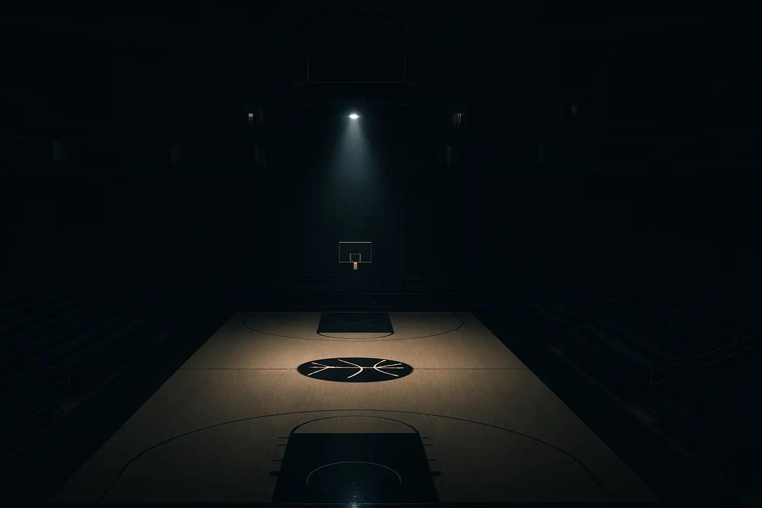 Empty college basketball arena with a spotlight shining on center court
