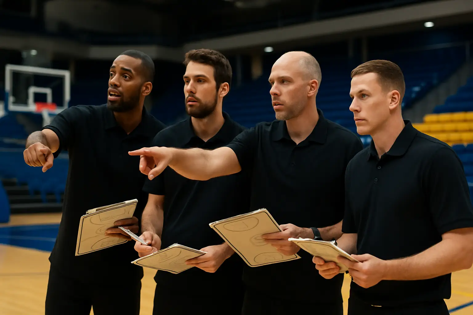 Michigan basketball coaching staff huddle on the sideline during a game