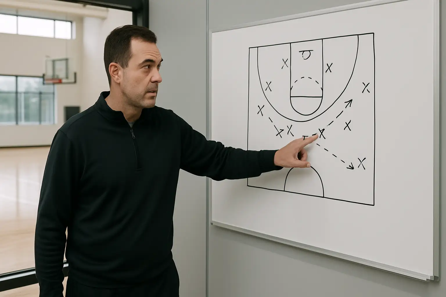 Michigan basketball coach drawing up plays on a whiteboard in a team facility