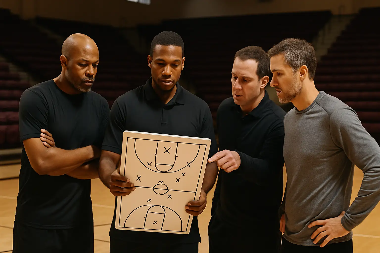 Michigan basketball coaching staff meeting in a college gymnasium