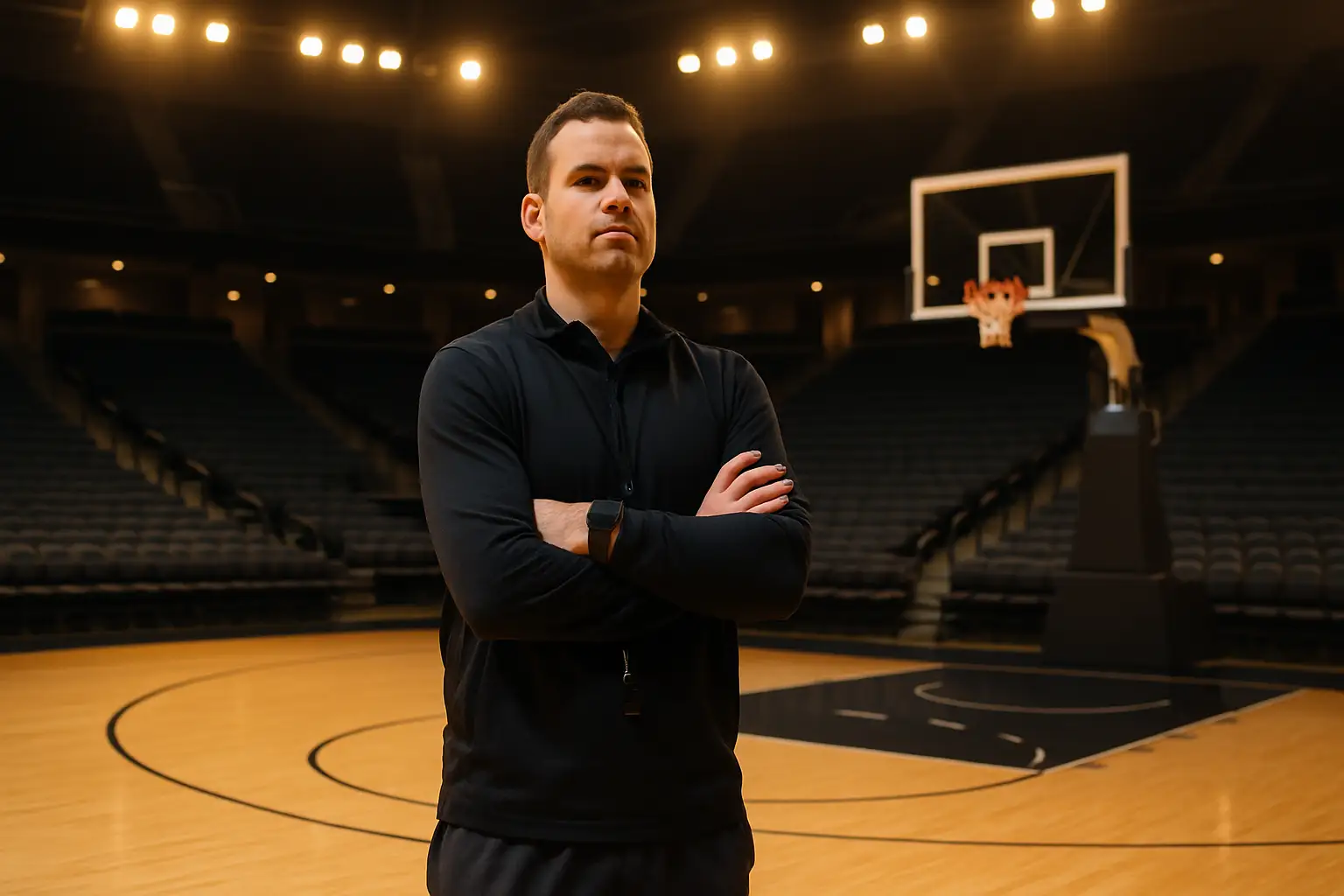 A basketball coach standing on a university basketball court during practice