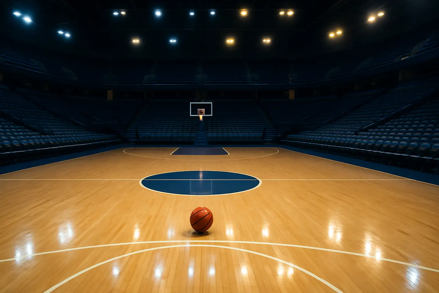 Michigan basketball court viewed from above with a single basketball at center court