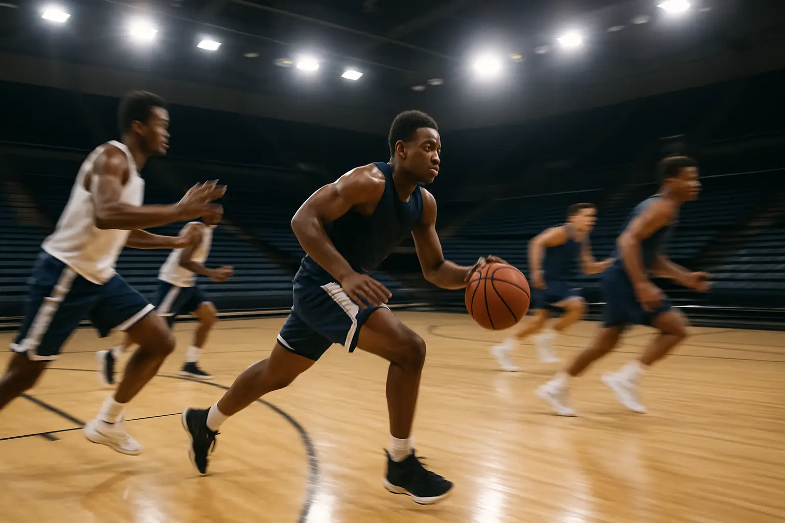 Michigan basketball court with players in practice, empty arena in the background