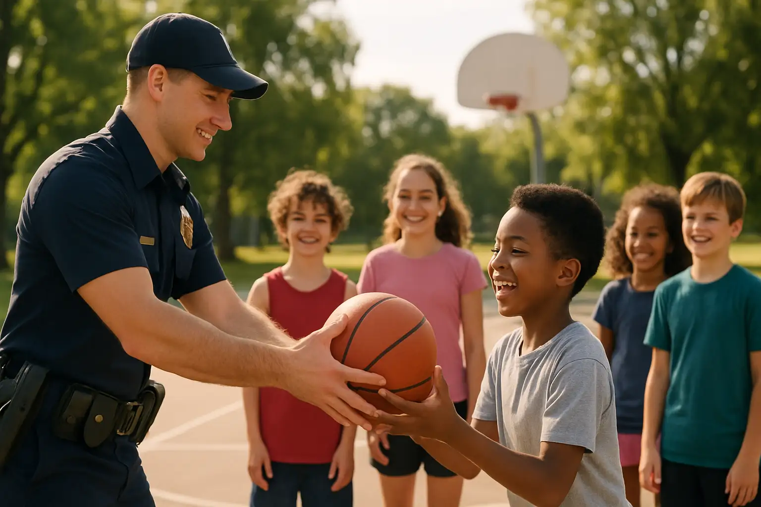 A police officer and a group of children playing basketball on an outdoor court