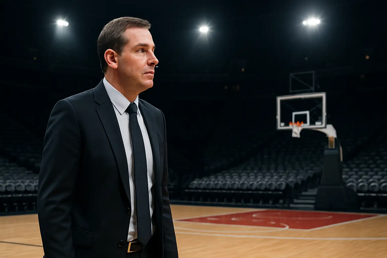 A basketball coach standing courtside in a professional arena with bright lights overhead