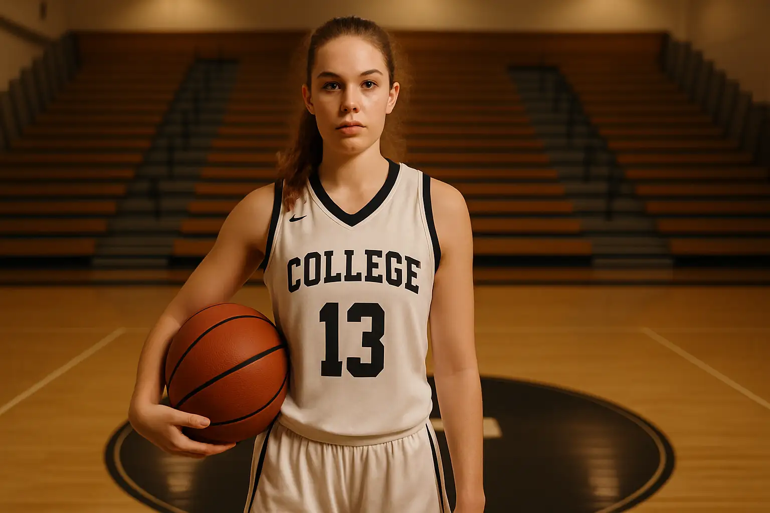 A college basketball player standing on an indoor court in a team uniform, looking focused and confident
