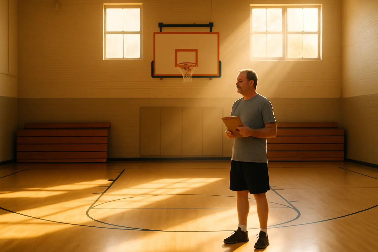 A lone basketball coach standing on an empty gym court holding a clipboard