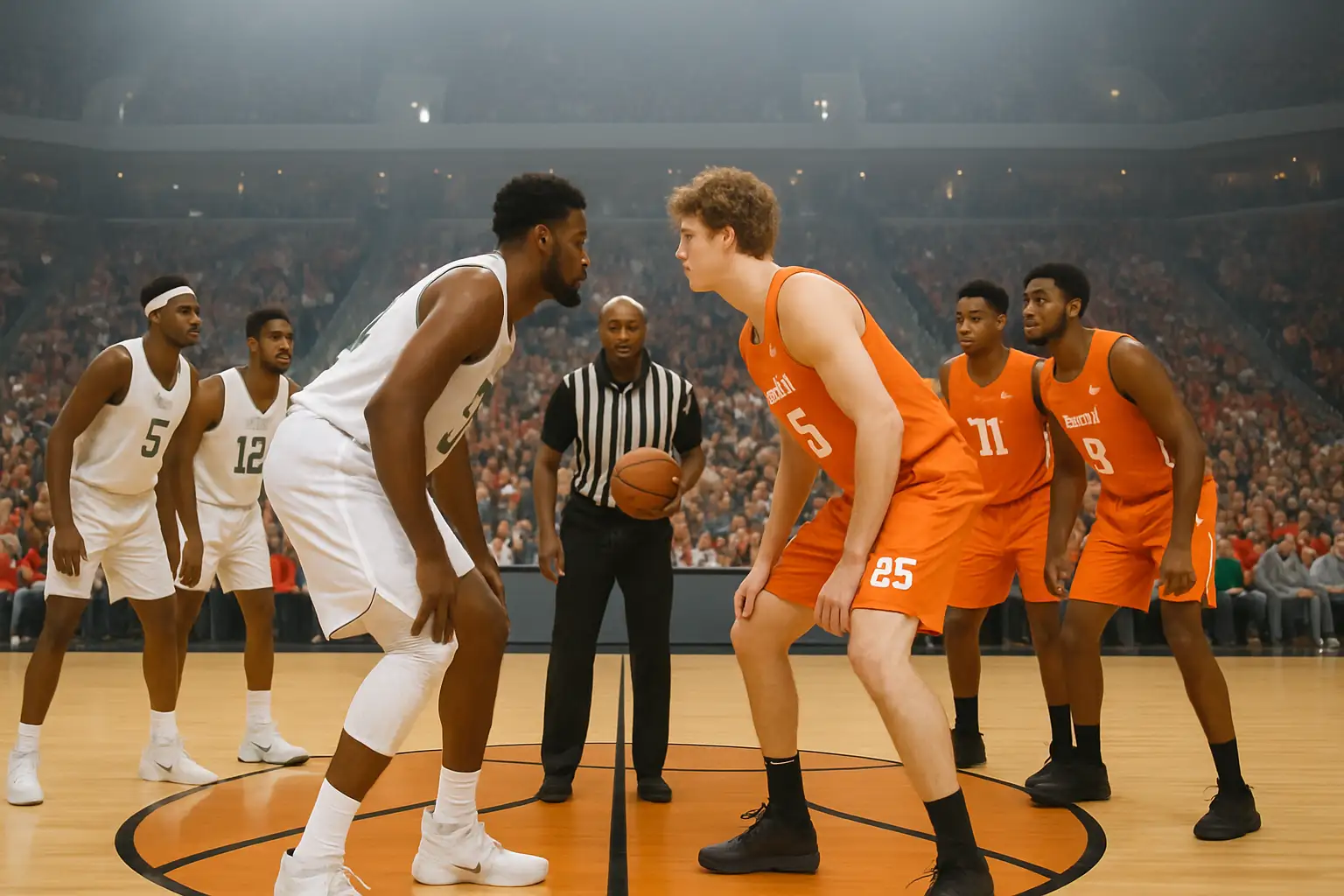 Two college basketball teams facing off at center court in a packed arena