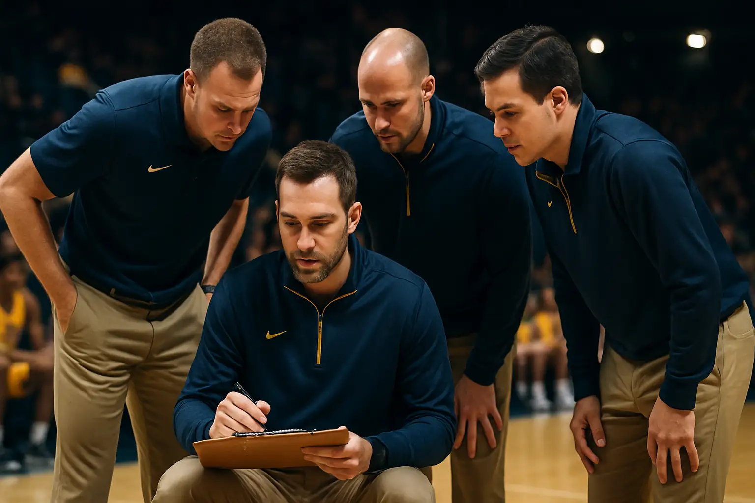 Montana State Bobcats basketball coaching staff huddle on the sideline during a game