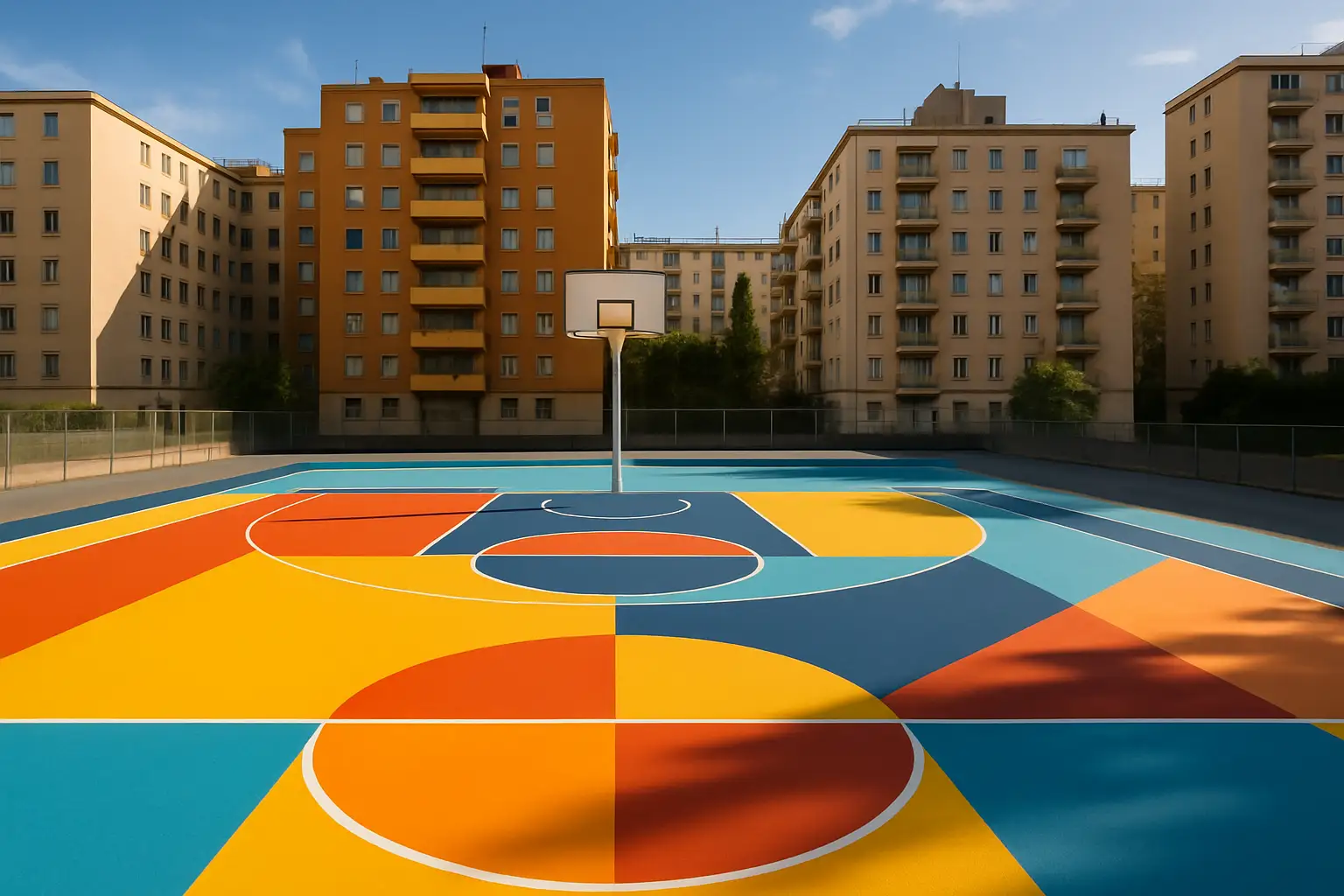 Colorful renovated outdoor basketball court in an urban Montreal neighborhood