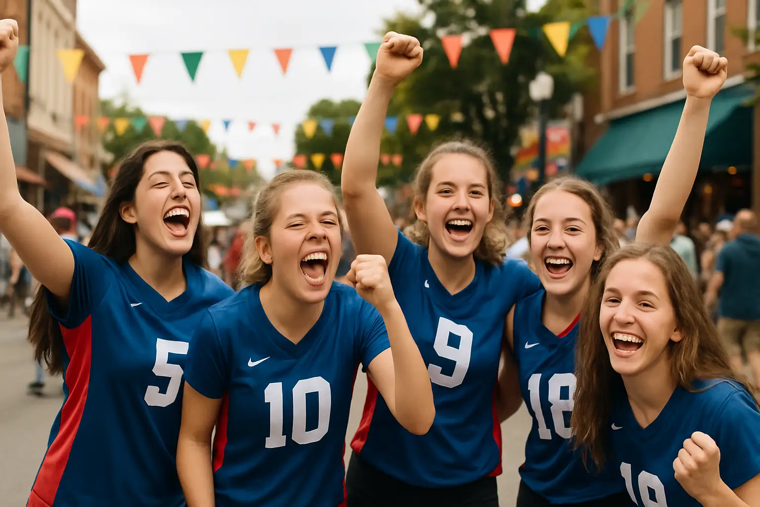 High school girls basketball team celebrating a community race victory at a local festival