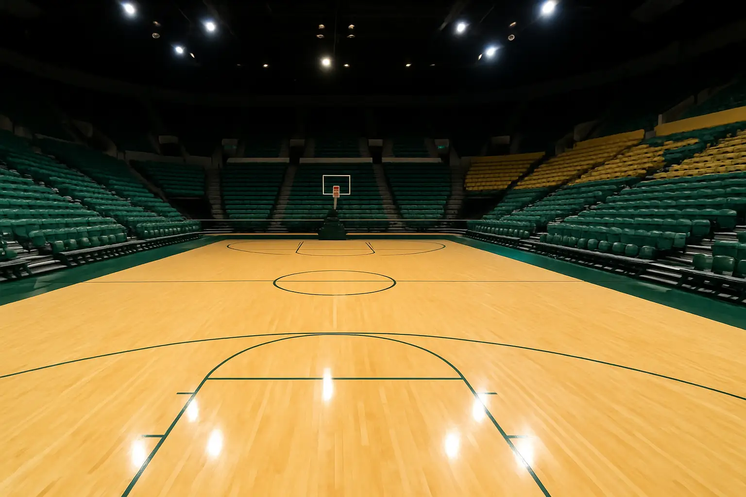 Montana State University basketball court with team colors and arena seating in the background