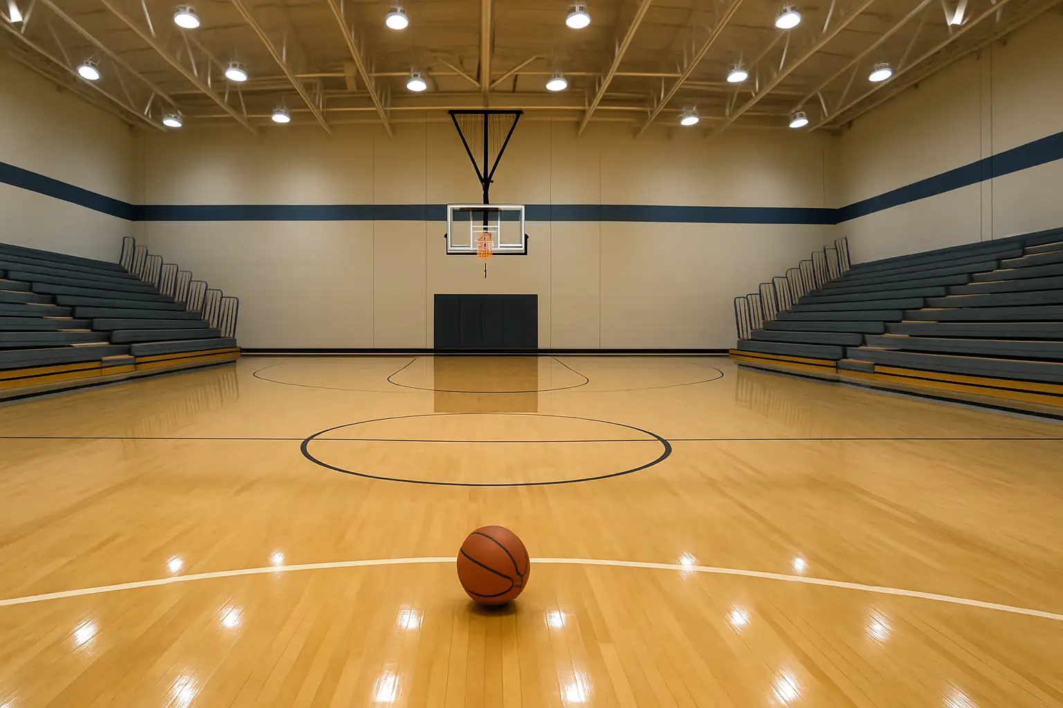 Empty high school basketball gymnasium with court lines and bleachers visible