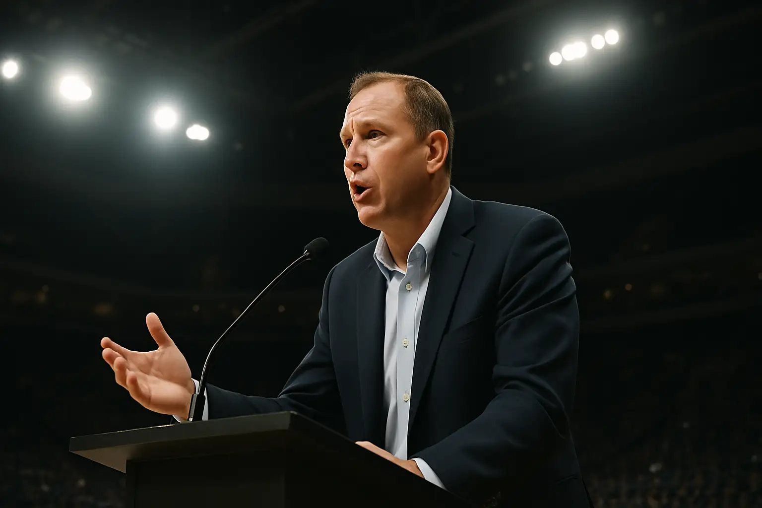 Alabama basketball coach speaking at a press conference podium in a modern arena