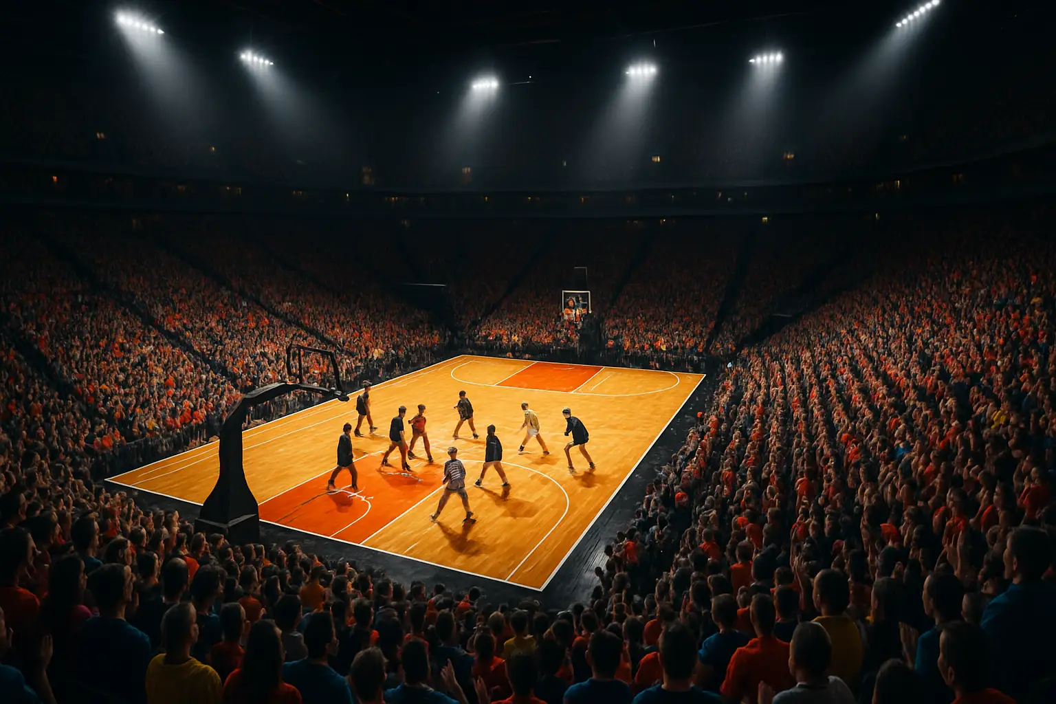 Basketball court lit up under arena lights during an NBA Finals game