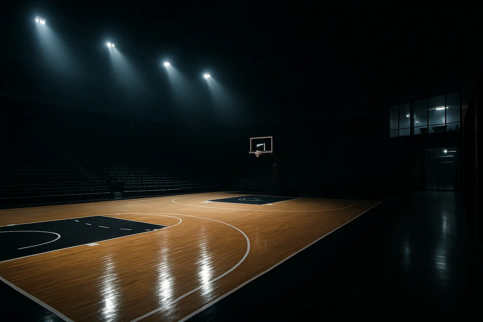 Basketball court with empty team benches and a closed boardroom door in the background, symbolizing sports governance tension