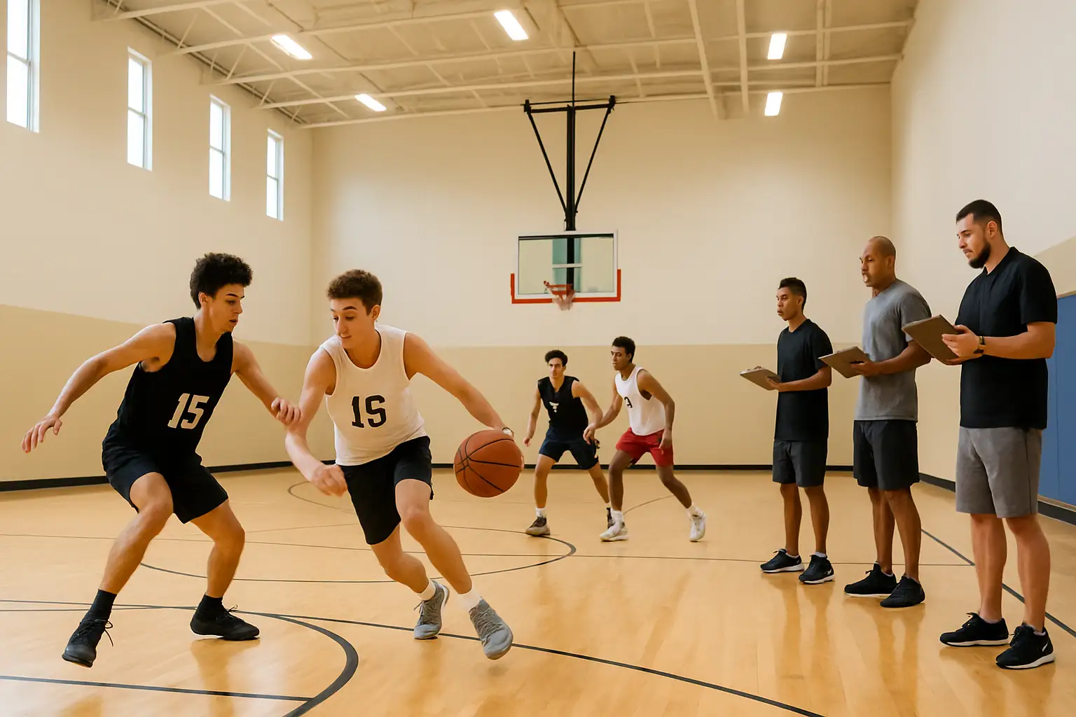A basketball court with players being evaluated by coaches during a summer showcase event