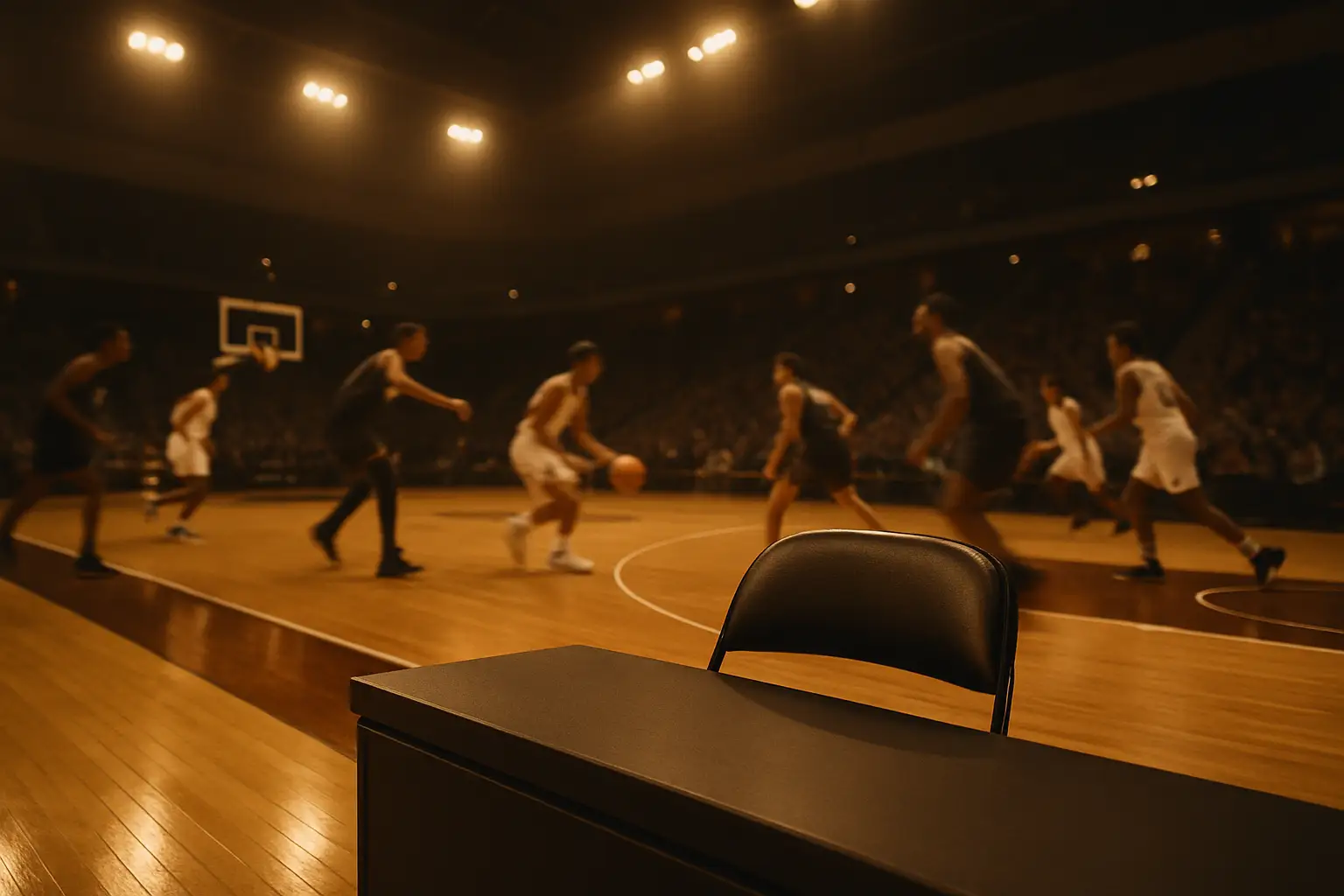College basketball players on a court during a competitive game, with a coach watching from the sideline