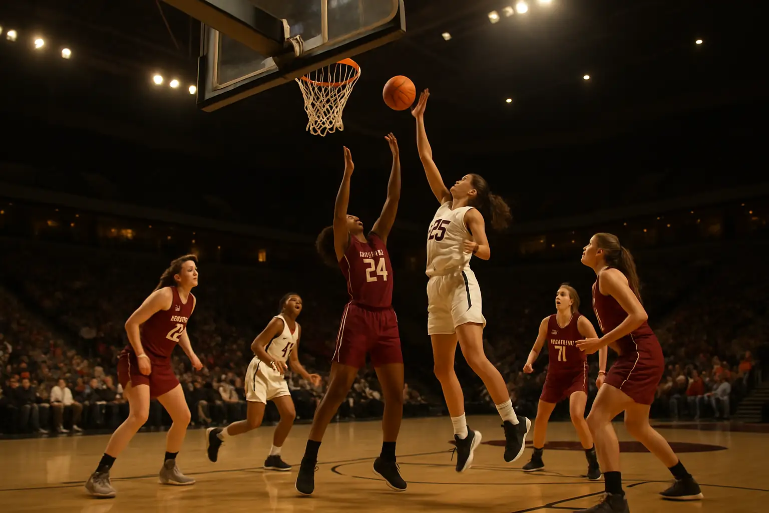 Syracuse women's basketball players on the court during a competitive college game
