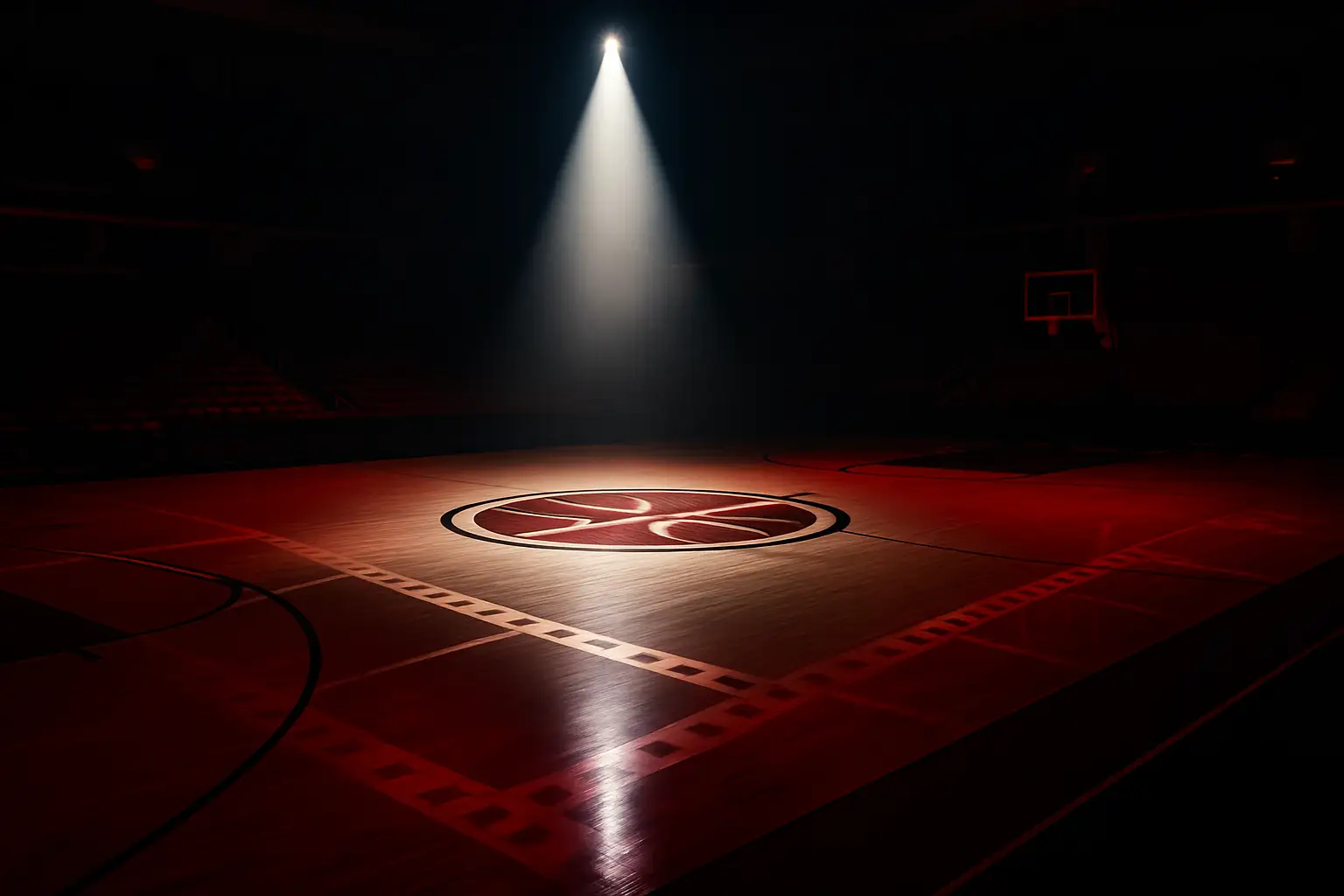 A basketball court in an empty arena with a spotlight illuminating the center circle