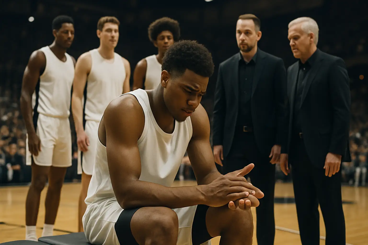 A basketball player holding his hand on a hardwood court during a timeout