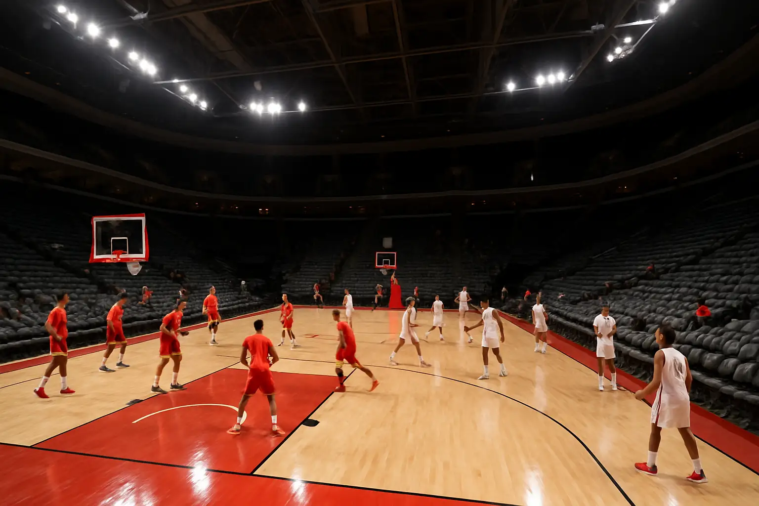 Nebraska women's basketball players warming up on an indoor court before a game