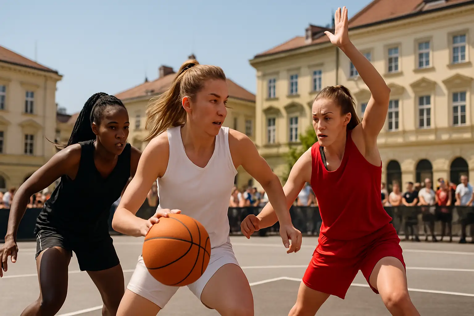 Women's 3x3 basketball players competing on an outdoor court in a major international tournament