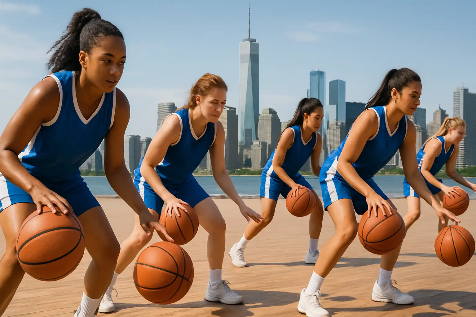 Nevada women's basketball players warming up on an outdoor court with a city skyline in the background