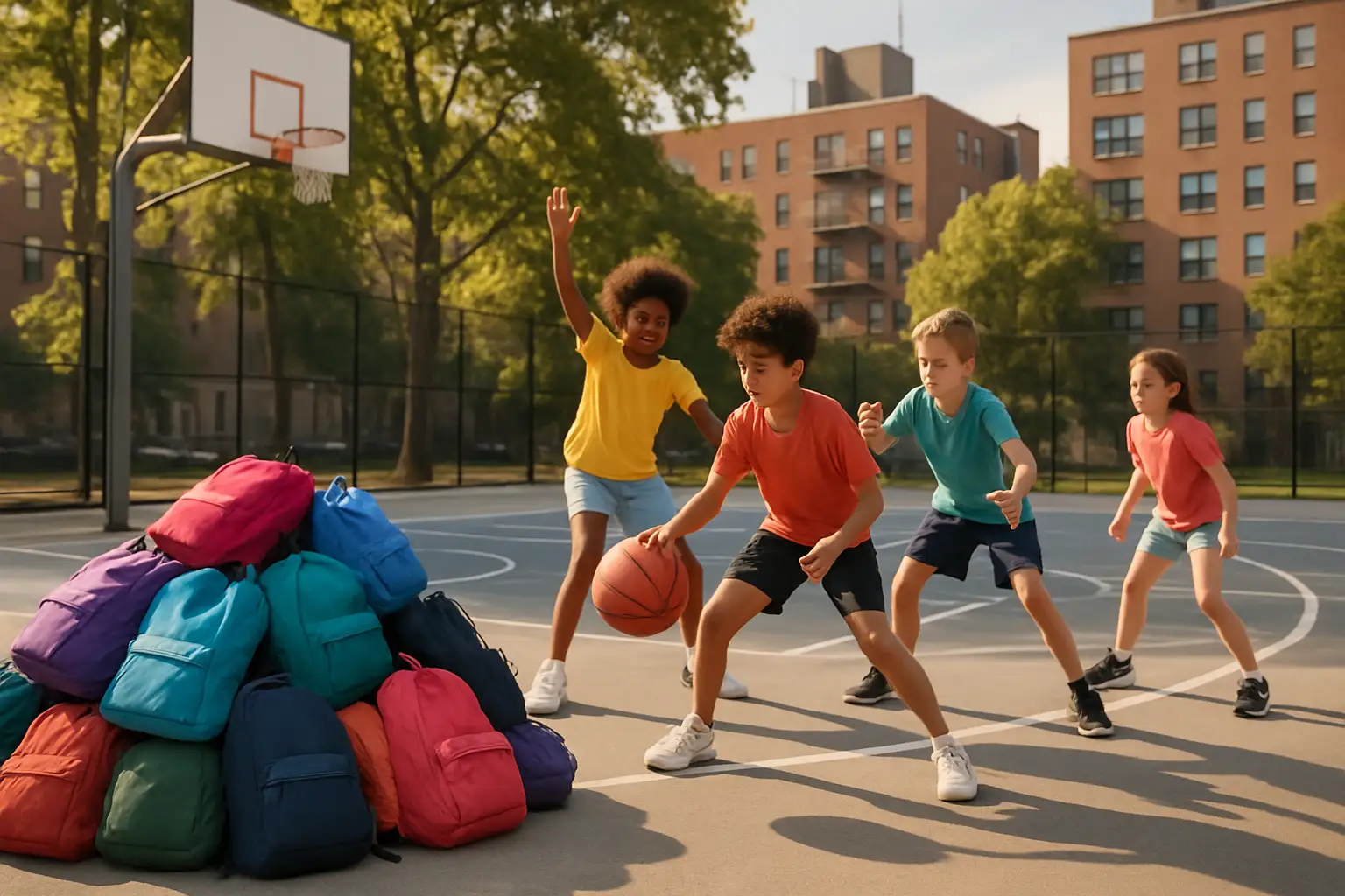 Young students playing basketball outdoors at a community court with backpacks stacked nearby