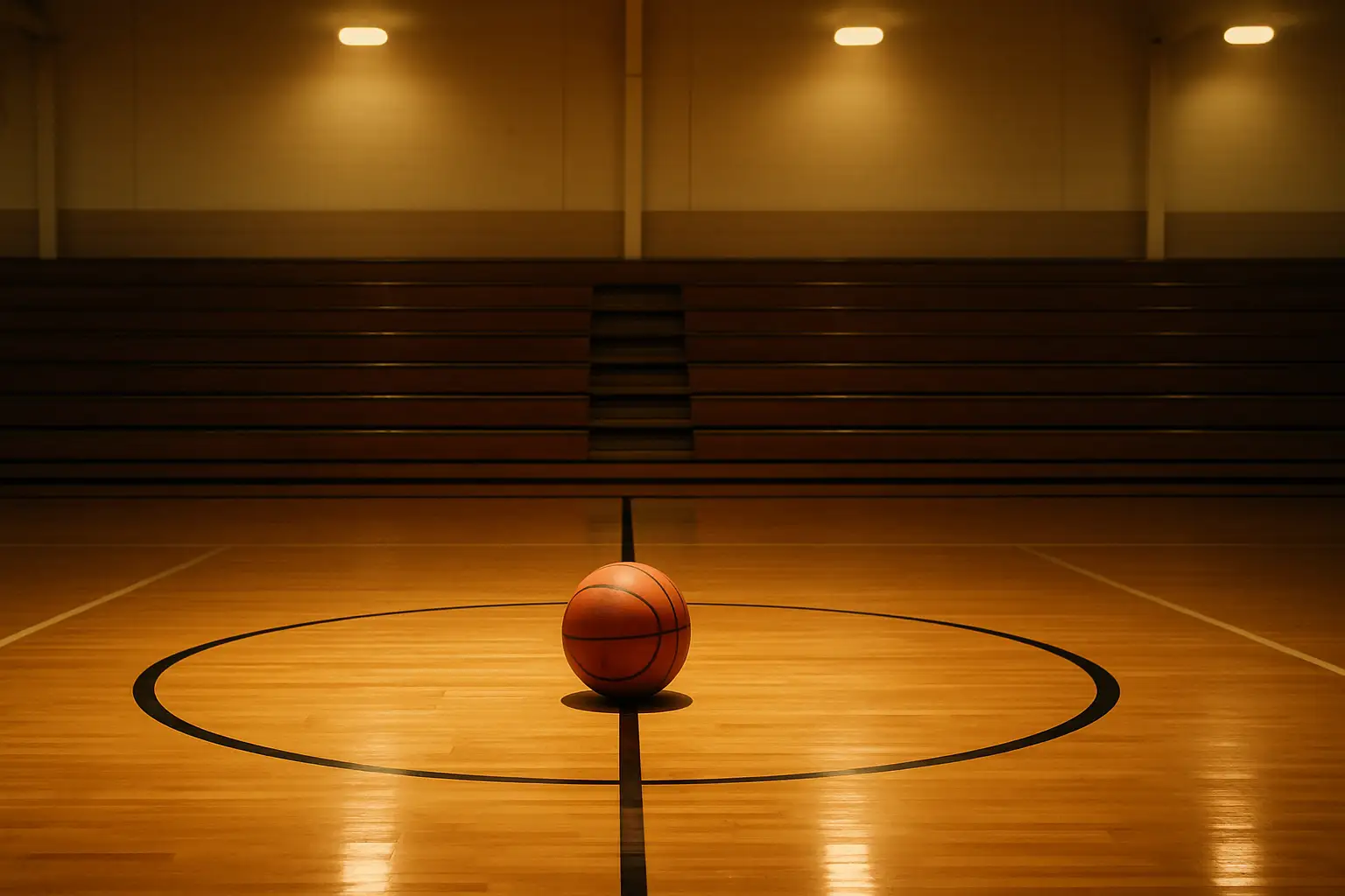 A basketball sitting on a hardwood court under gymnasium lights, symbolizing hope and resilience