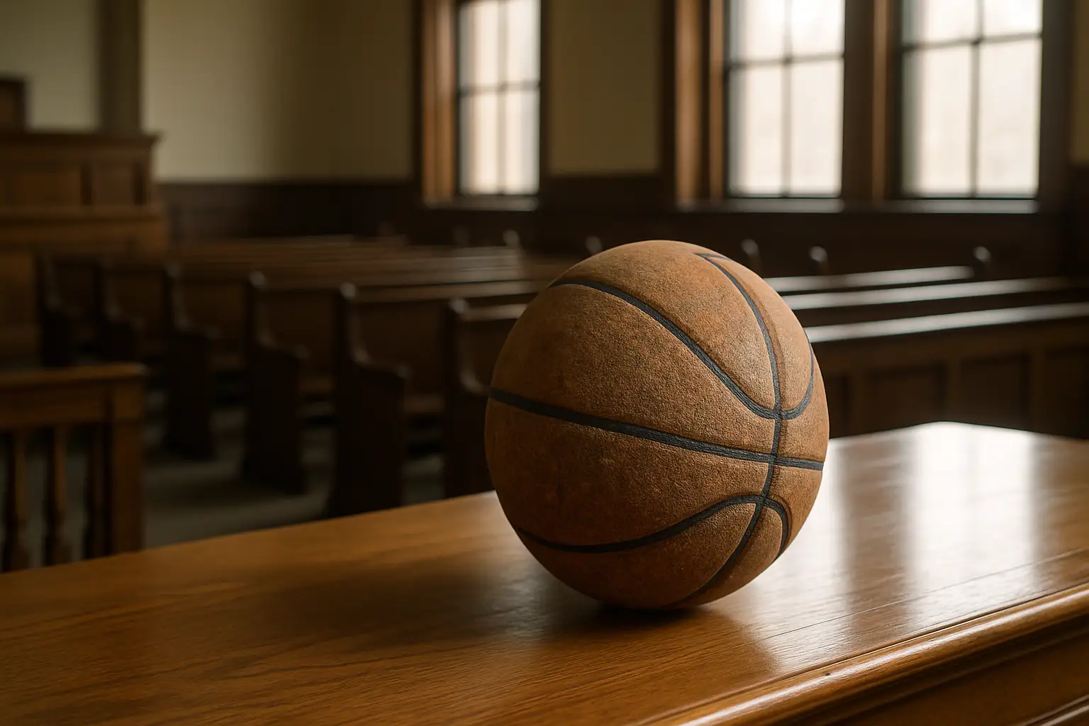 A basketball resting on a courtroom table in front of a judge's bench