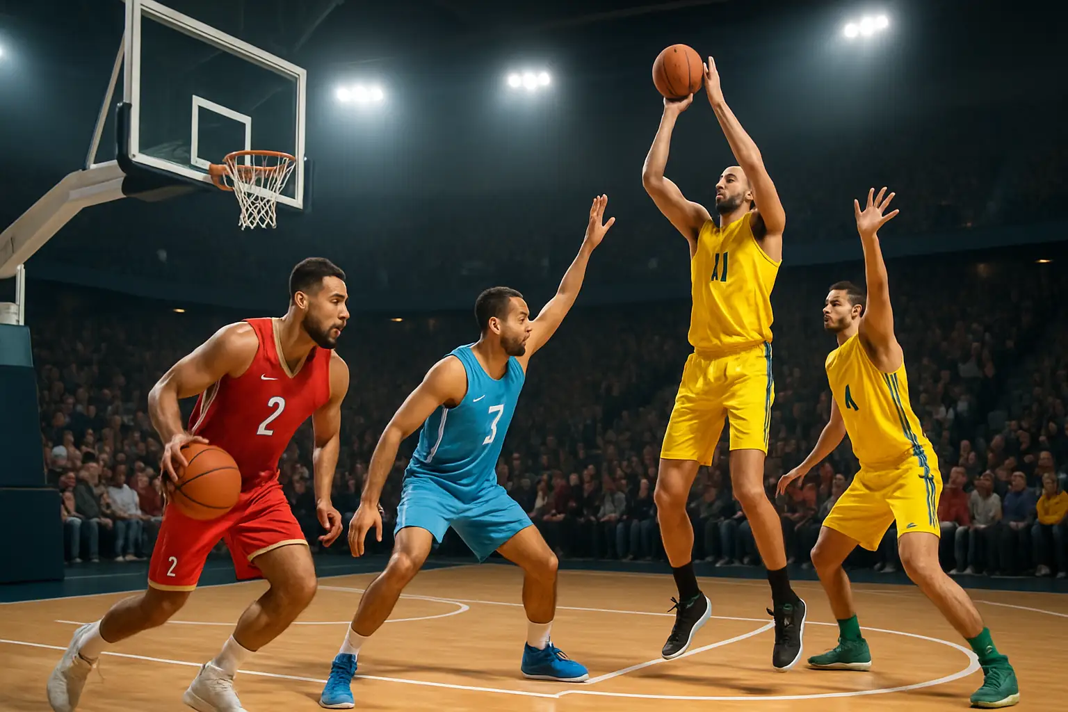 Basketball players competing in a New Zealand NBL game under arena lights