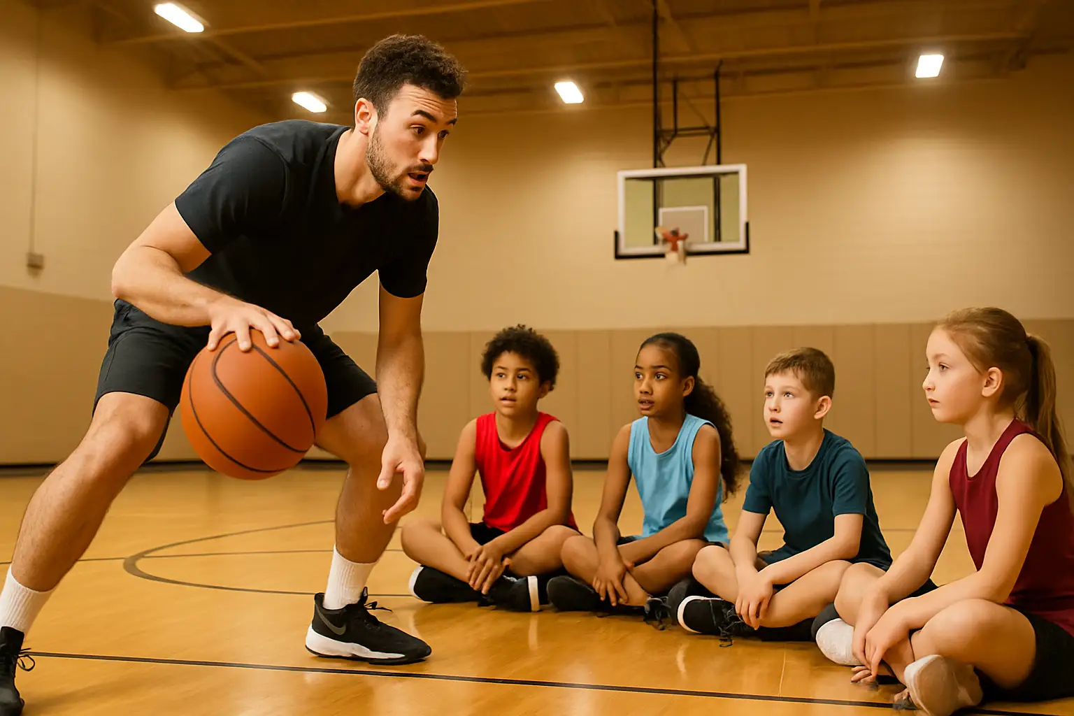 A youth basketball clinic on an indoor court with a coach demonstrating a dribbling drill to a group of young players