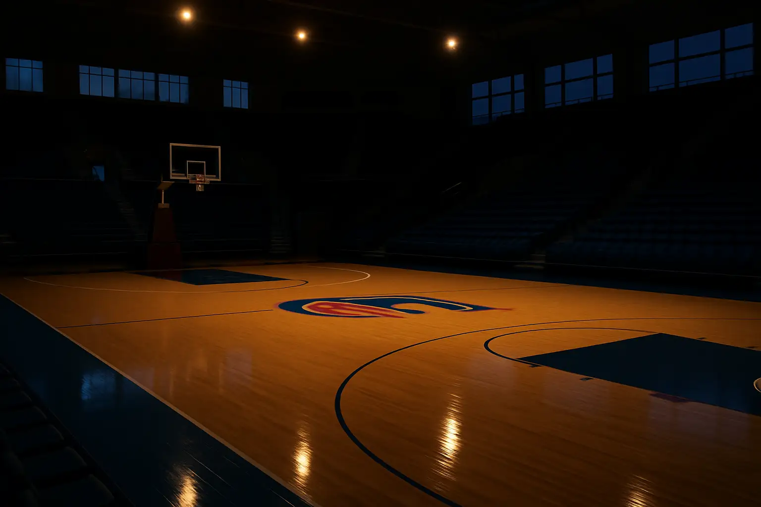 A basketball court inside a college arena with team gear and motivational signage visible