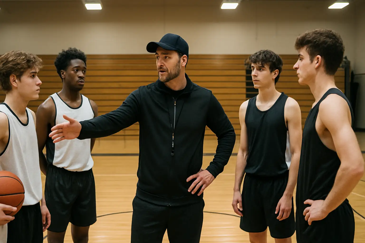 A basketball coach addressing players on a high school gymnasium court during practice