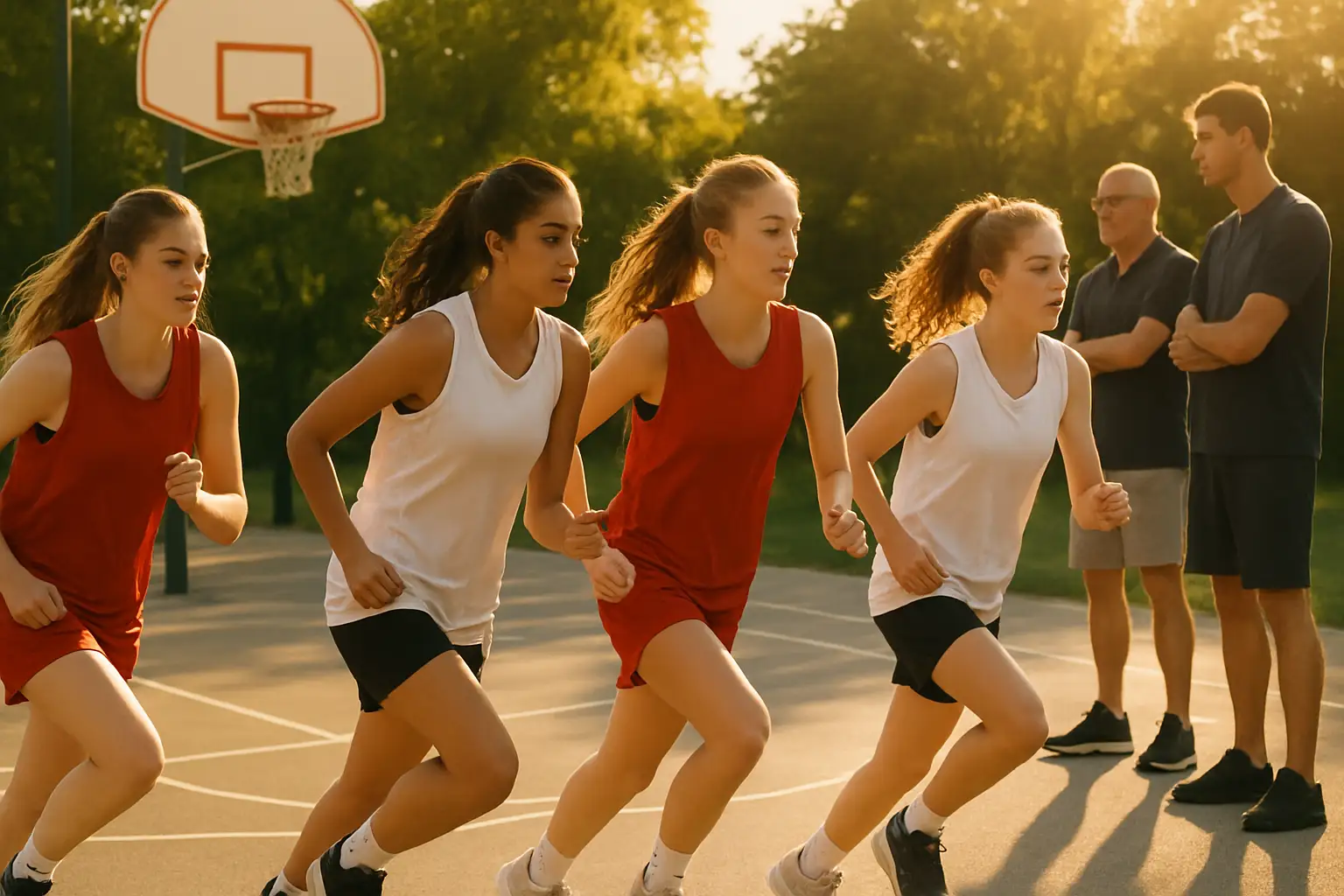 High school girls basketball players practicing on an outdoor court during summer