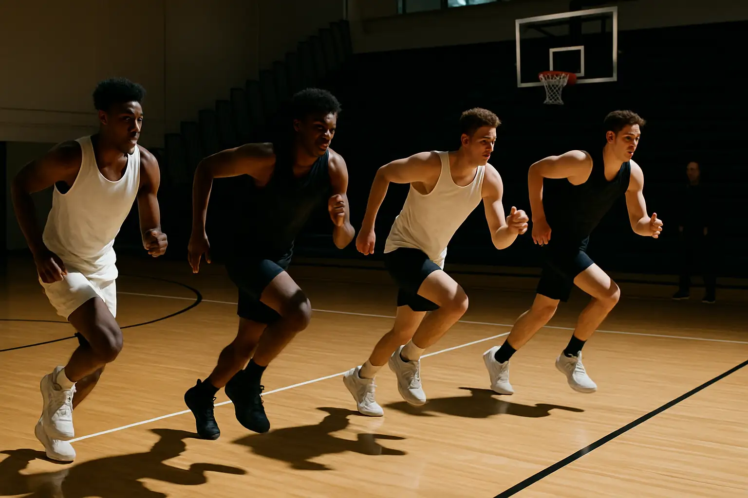Northern Iowa Panthers basketball players running drills in a gym during summer workouts