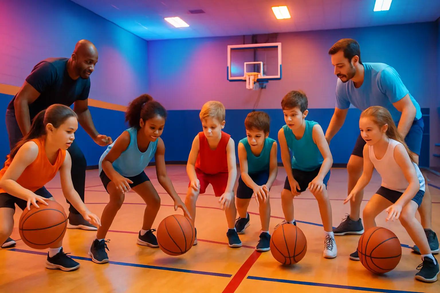 Children participating in a free youth basketball camp on an indoor court with coaches nearby