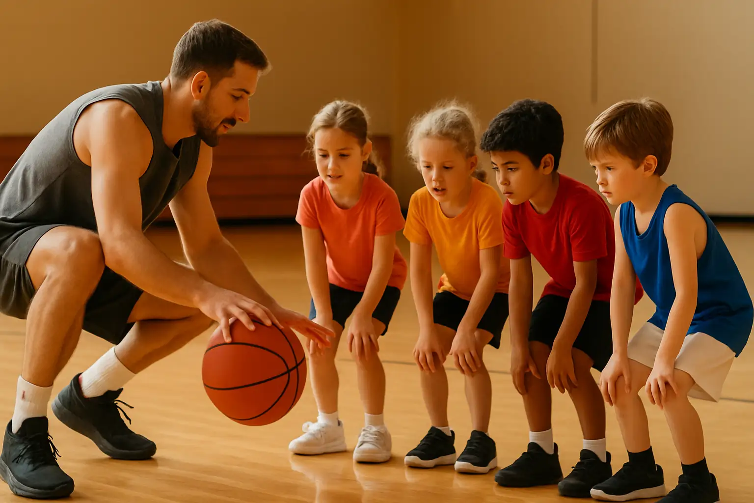A basketball player coach instructing young kids on an indoor basketball court during a youth camp