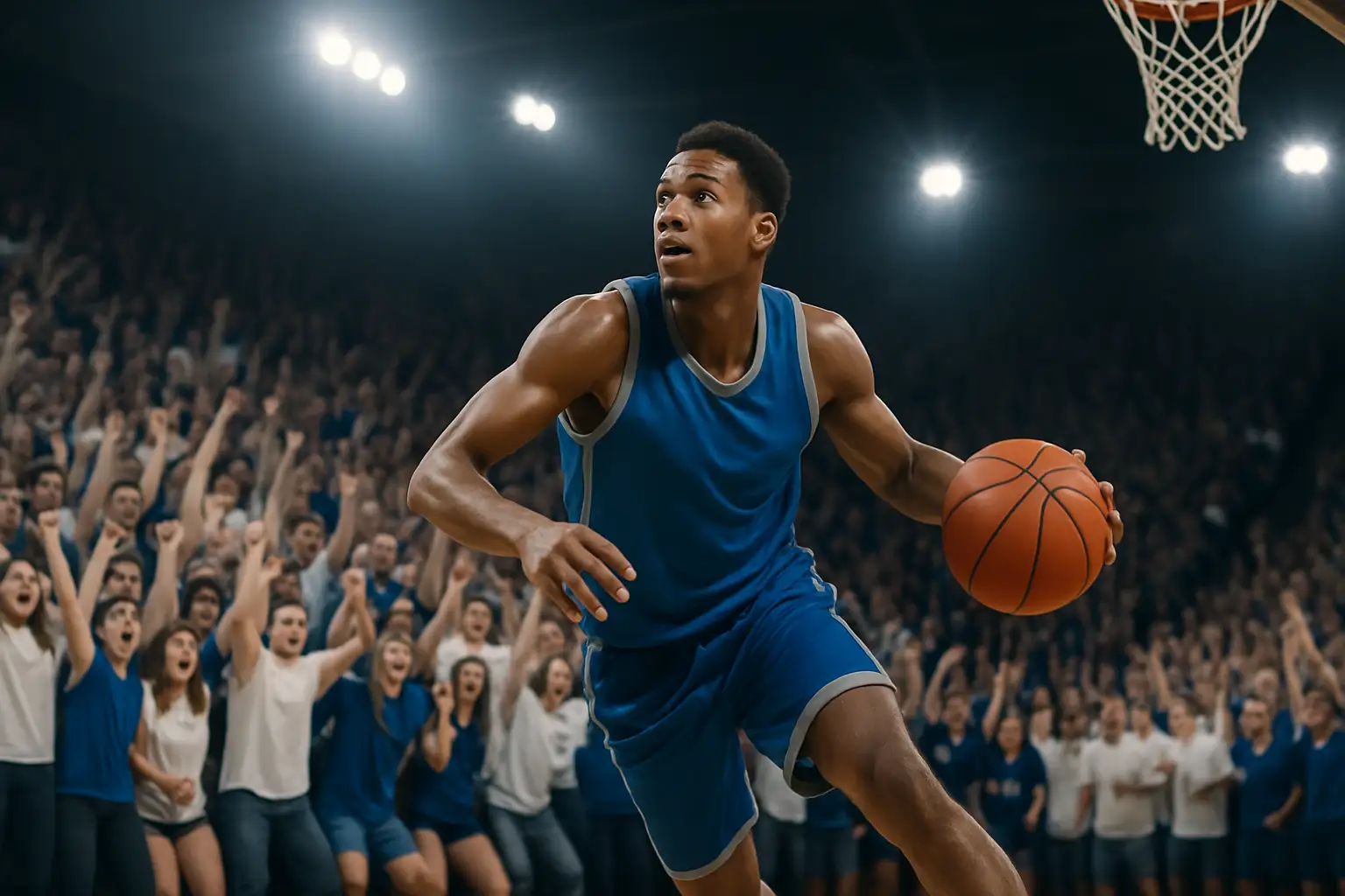 Basketball player driving to the hoop in a college arena with a full crowd in the background