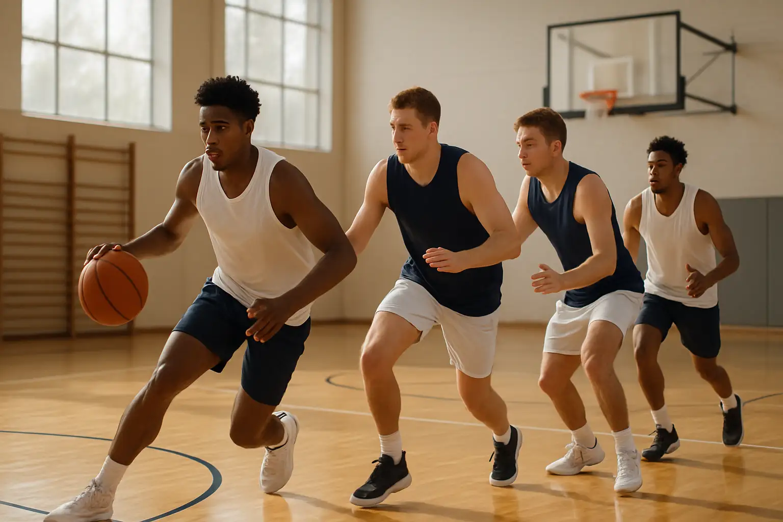 Ohio State basketball players running drills during a summer practice session inside an indoor court
