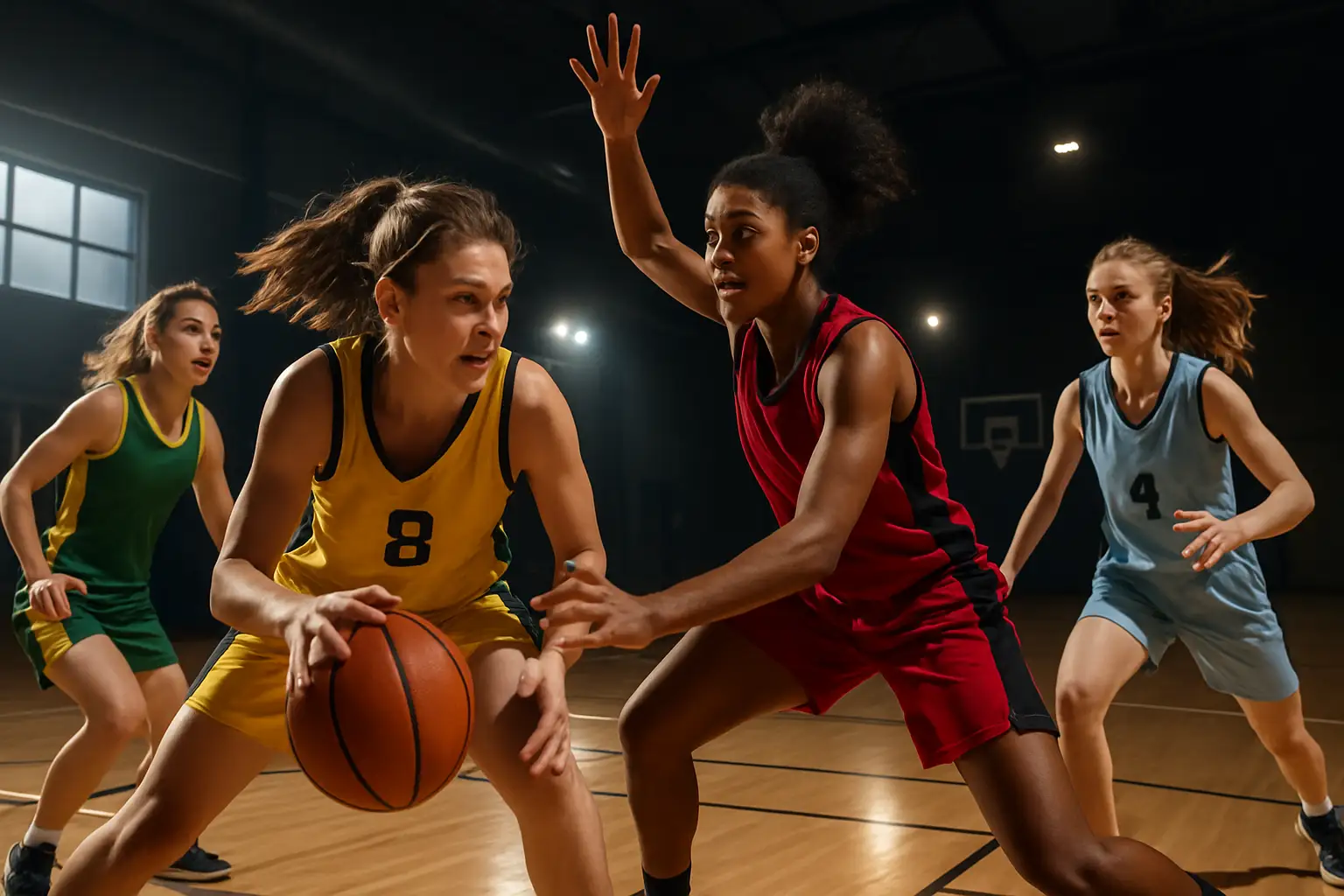 Young female basketball players competing in an indoor arena under bright gymnasium lights