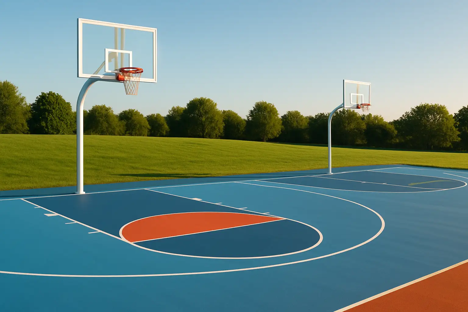 A freshly painted outdoor basketball court with NBA team colors under a clear sky