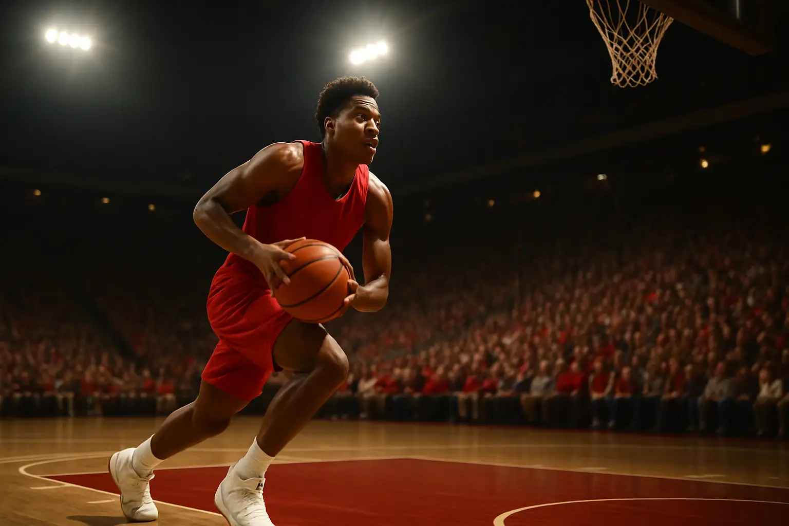 Oklahoma men's basketball player driving toward the basket in a college arena