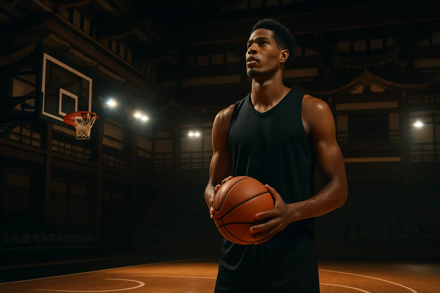 A basketball player standing on an indoor court in a Japanese arena, looking toward the basket