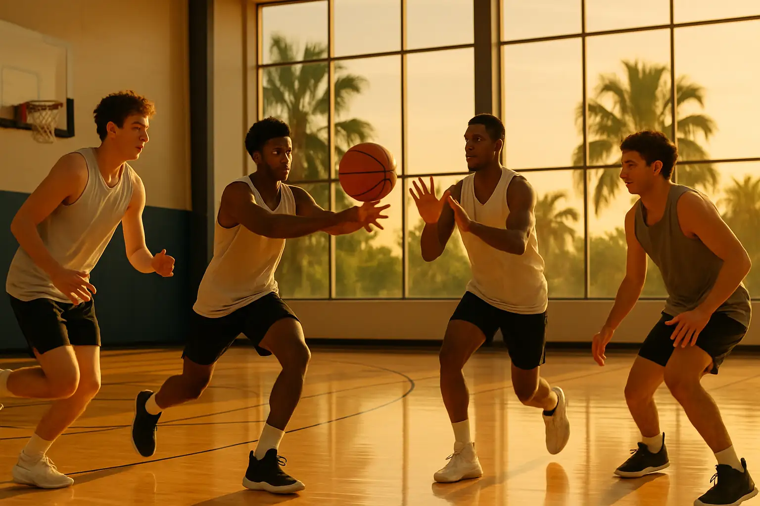 College basketball players running drills on an outdoor court in a tropical setting