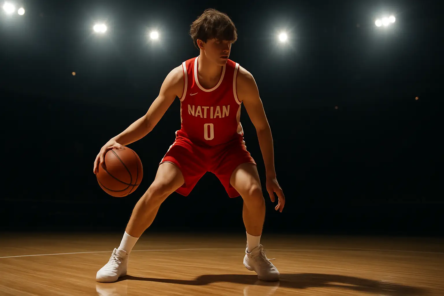 Young basketball player dribbling on an indoor court wearing a national team jersey