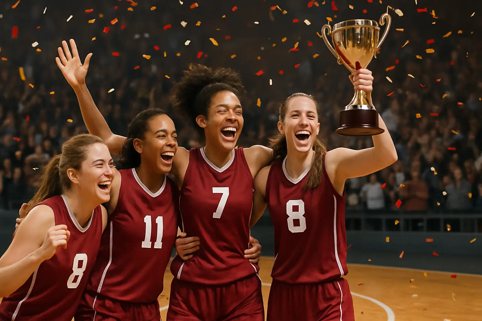 Australian women's basketball players celebrating a championship victory on court