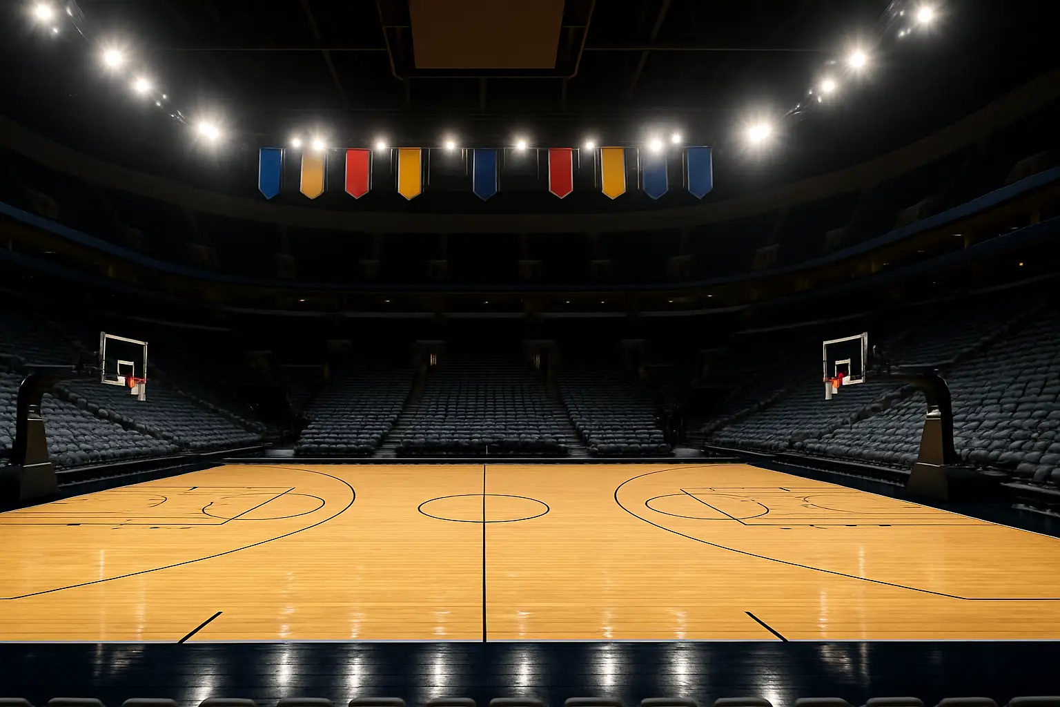 Empty college basketball arena with hardwood court and bright overhead lights before a tournament game