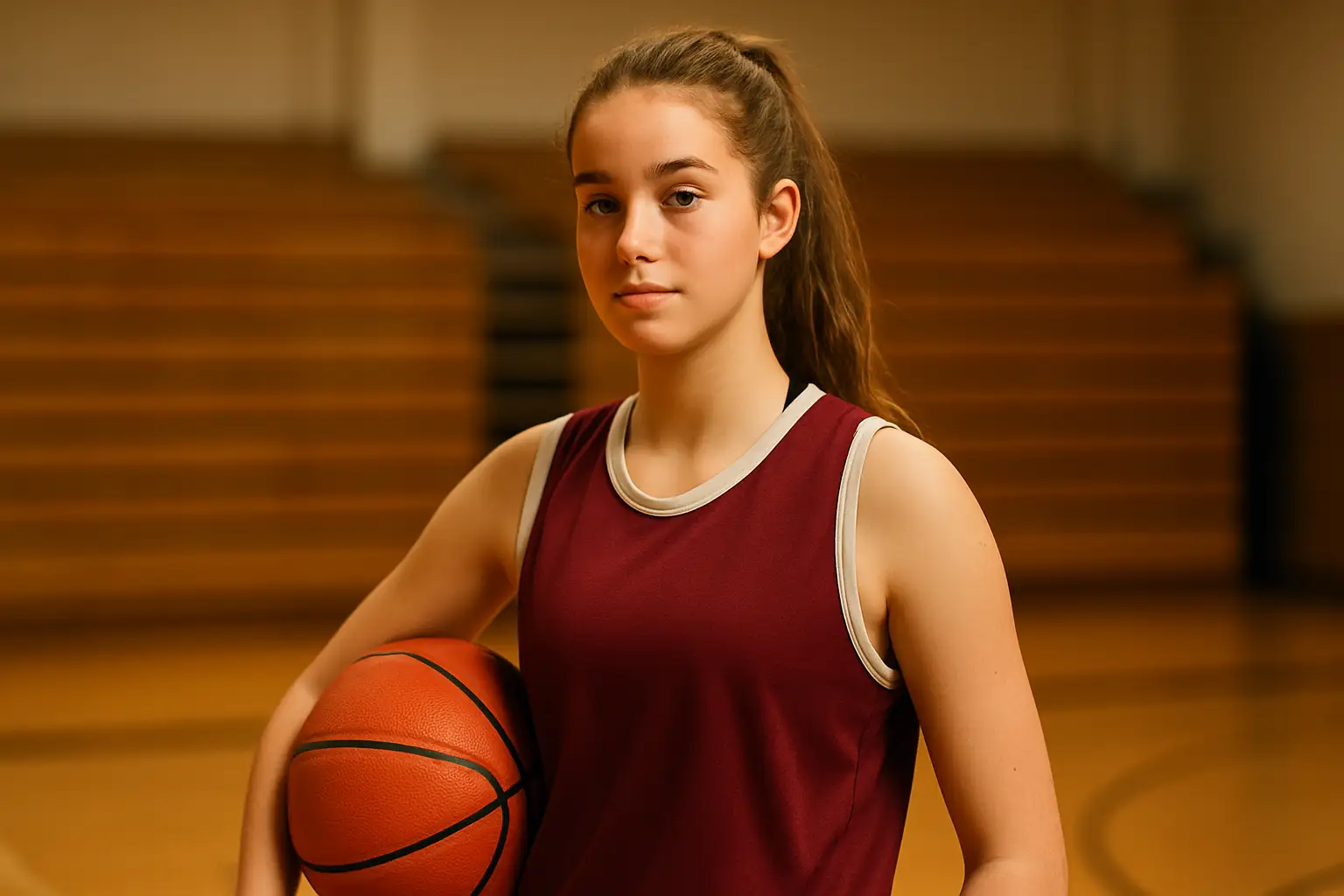 A young female basketball player holding a basketball on a high school court